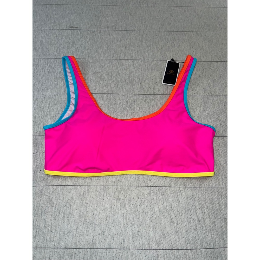 SherryDC Neon Pink Colorblock Bikini Top XL Multi Color Trim Sporty Swimwear